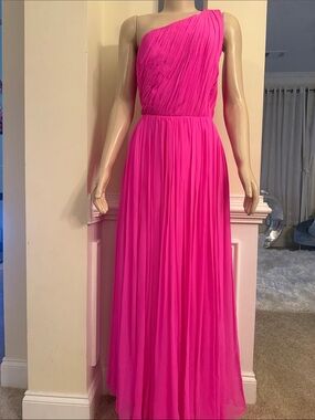 Adam Lippes Fuchsia One-Shoulder Pleated Maxi Dress